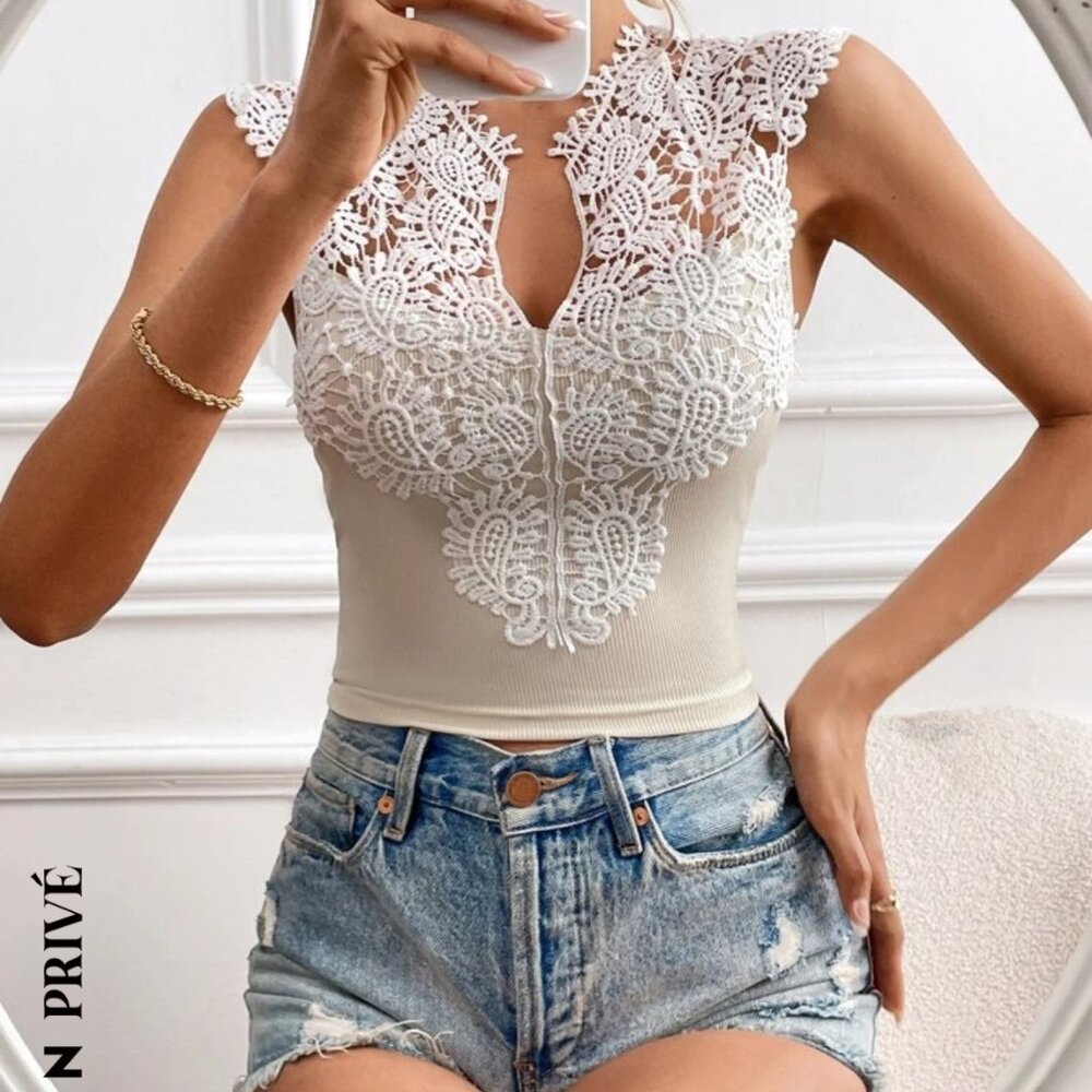 Aprivot SHEIN Prive Guipure Lace Panel Top Size M